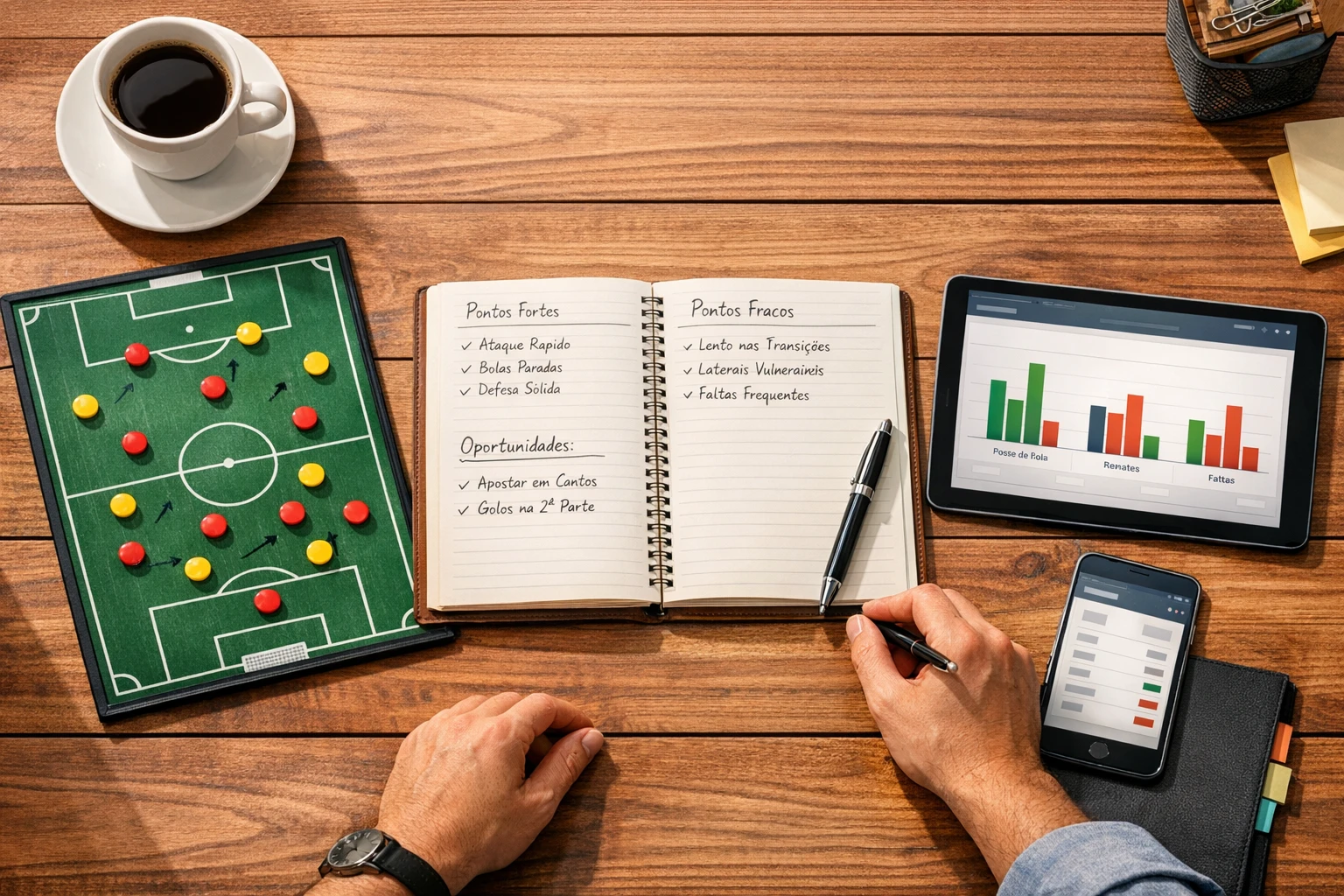 Mesa de trabalho com materiais de análise de futebol e estatísticas de equipas