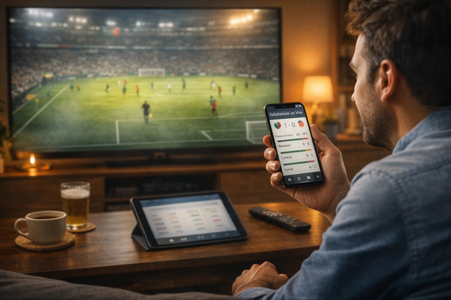Homem a assistir jogo de futebol na televisão enquanto consulta estatísticas no telemóvel