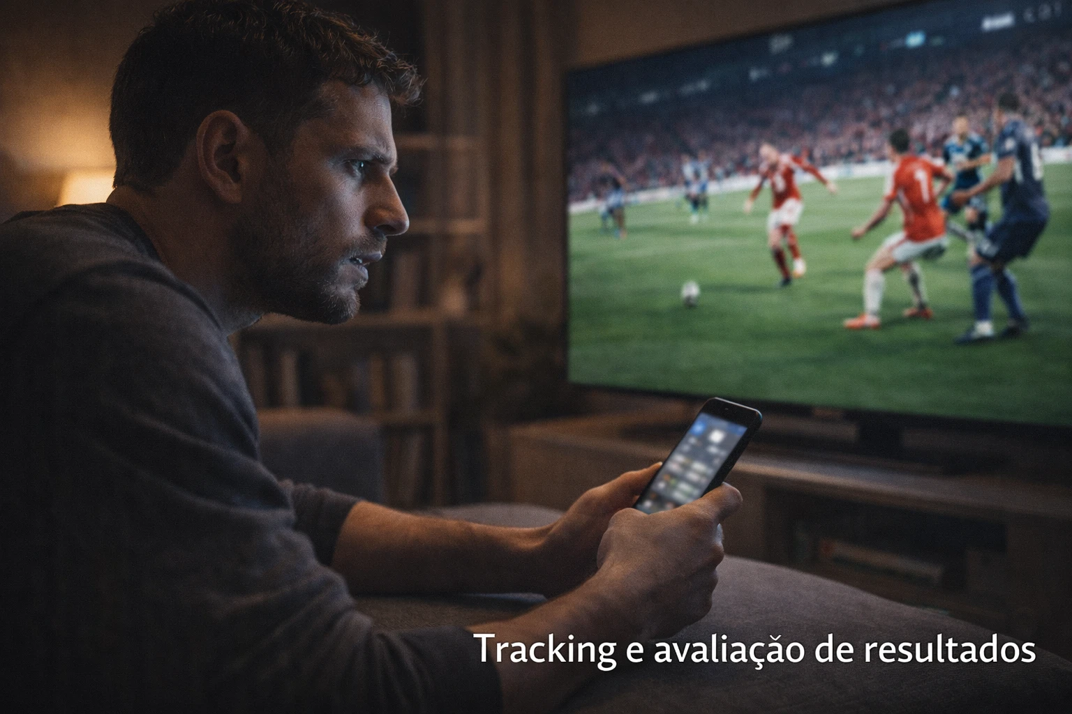 Apostador focado a acompanhar partida de futebol em tempo real com dispositivos múltiplos