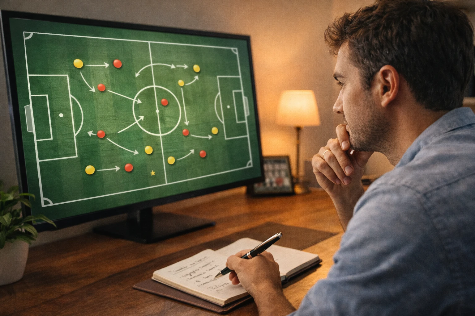 Homem a estudar tácticas de futebol no monitor em ambiente de escritório em casa