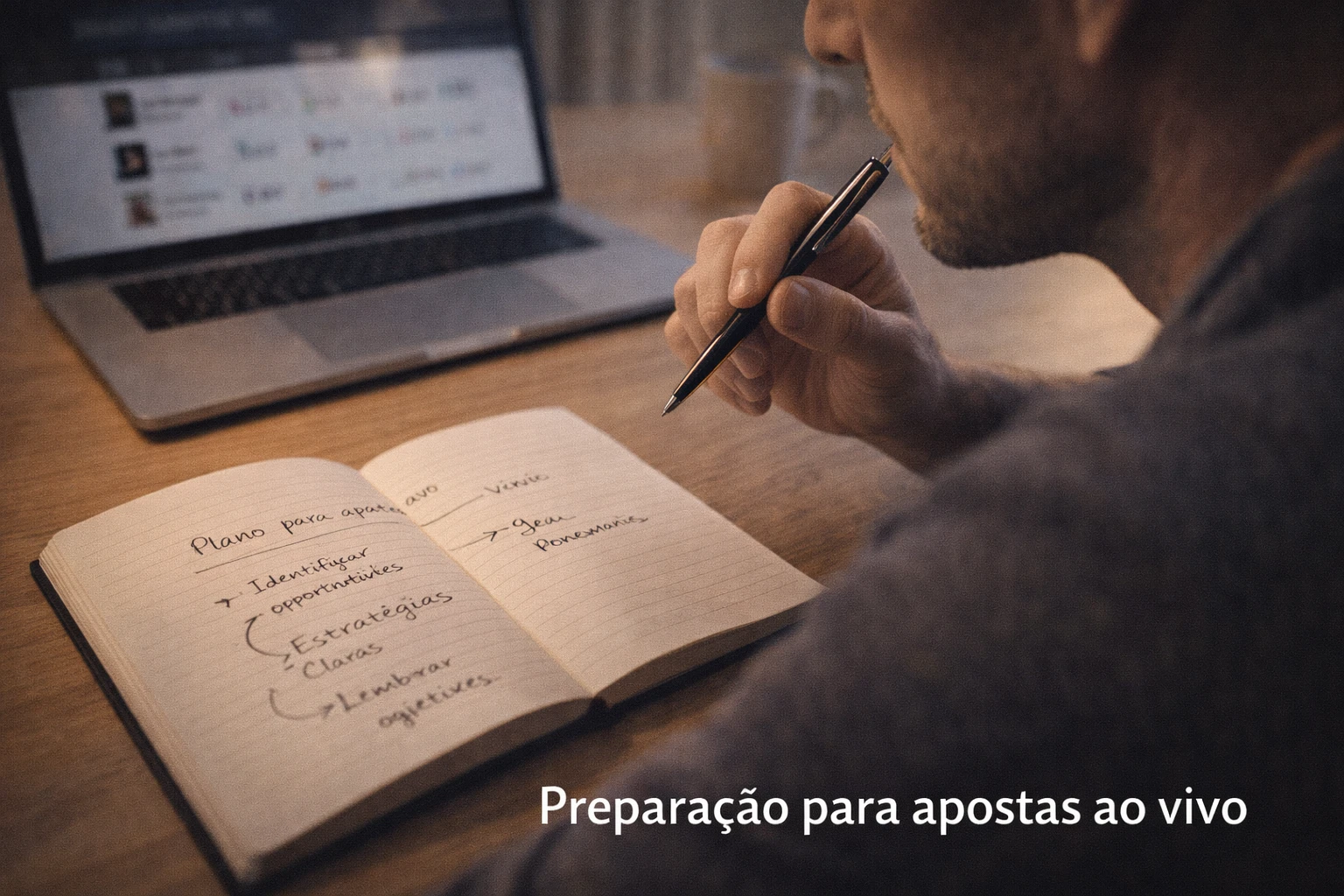 Apostador a planear estratégia de apostas ao vivo com notas e análise