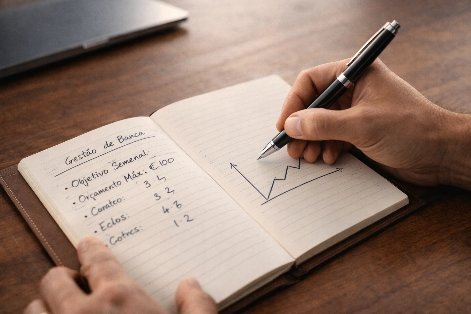 Mãos a escrever notas de planeamento num caderno com gráfico de progresso
