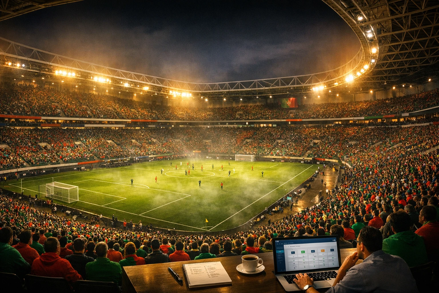 Estádio de futebol português iluminado durante jogo noturno com adeptos nas bancadas